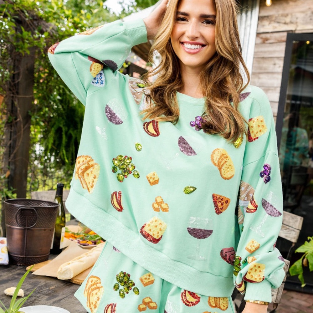 QUEEN OF SPARKLES Mint Green Crewneck Sweater with Colorful Snack Motif